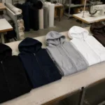 A selection of blank zip-up hoodies ready for wholesale embroidery programs, shown in a professional apparel manufacturing workspace.
