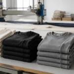 A factory scene showing mass bulk crewneck sweatshirts stacked and ready for inspection, illustrating the production context crucial for apparel brands.