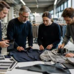 A professional apparel development setting showing buyers and factory staff comparing garments, fabrics, and specifications during supplier evaluation.