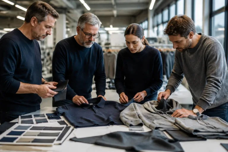 Switch Supplier 7 A professional apparel development setting showing buyers and factory staff comparing garments, fabrics, and specifications during supplier evaluation.