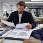 A sourcing team reviews line-item garment quotes, fabric swatches, and sample details in a real manufacturing environment.