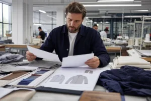 Home 41 A sourcing team reviews line-item garment quotes, fabric swatches, and sample details in a real manufacturing environment.