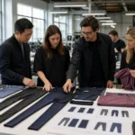 A professional sourcing team reviewing activewear samples, fabric swatches, and production details during country comparison planning.