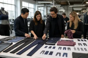 Home 43 A professional sourcing team reviewing activewear samples, fabric swatches, and production details during country comparison planning.