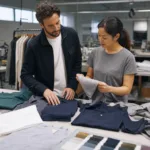 A professional apparel development scene showing fabric and garment planning decisions at the start of production.