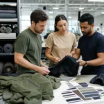 A professional product development scene showing fabric selection and sample review for custom apparel manufacturing.