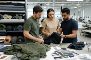 Home 41 A professional product development scene showing fabric selection and sample review for custom apparel manufacturing.