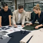 A professional manufacturing team compares fabric swatches and sample garments during early product planning for a clothing brand.