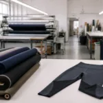A modern factory workspace highlighting technical activewear fabrics and production tools used for custom leggings, perfectly illustrating key manufacturing choices.