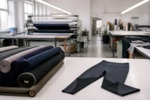 Home 41 A modern factory workspace highlighting technical activewear fabrics and production tools used for custom leggings, perfectly illustrating key manufacturing choices.