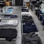 A high-resolution overview of a gymwear manufacturer’s production floor with custom printing and embroidery equipment, representing modern activewear branding methods.