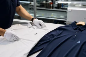 Home 41 A manufacturer-side comparison of embroidered and printed polo shirt logos during sample evaluation.