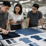 A sourcing and product development meeting focused on fabric, fit, and polo construction details.