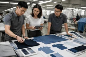 Home 41 A sourcing and product development meeting focused on fabric, fit, and polo construction details.