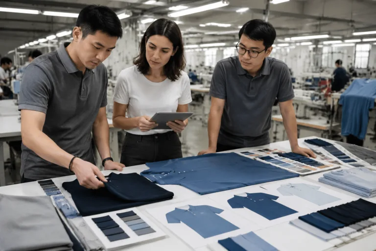 How to Find a Clothing Manufacturer 3 A sourcing and product development meeting focused on fabric, fit, and polo construction details.