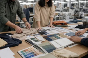 Home 42 A realistic apparel development scene showing early product planning with sample garments, color cards, and production notes.