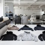 A professional manufacturing setup with fitness hoodies and fabric rolls highlights the production standards and customization process discussed in the article.