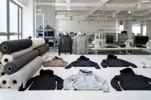 Home 43 A professional manufacturing setup with fitness hoodies and fabric rolls highlights the production standards and customization process discussed in the article.