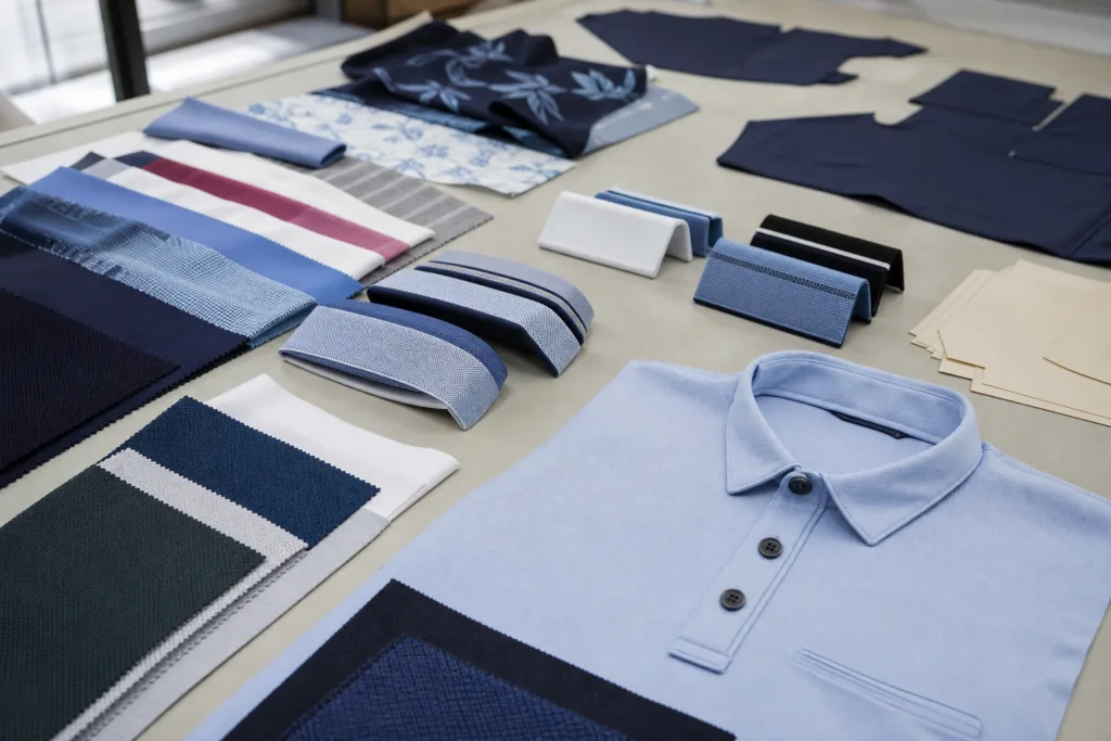 Custom Golf Shirts vs Standard Team Polos: Which Should a Brand Choose? 1 golf polo fabric trim sampling