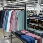 Photo shows a professional gym clothing manufacturer’s factory, with a well-organized sample display for assortment and color selection as part of e-commerce collection planning.
