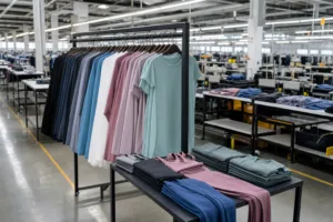Home 43 Photo shows a professional gym clothing manufacturer’s factory, with a well-organized sample display for assortment and color selection as part of e-commerce collection planning.