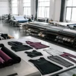 A gym clothing manufacturer production floor showing fabric rolls, sample apparel, and an organized workspace where cost factors begin.
