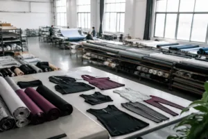 Home 42 A gym clothing manufacturer production floor showing fabric rolls, sample apparel, and an organized workspace where cost factors begin.