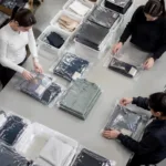 This image visually depicts factory staff packing gym apparel into polybags and organizing them for wholesale or retail shipment, reflecting industry best practices.