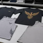 This image shows a flat lay of blank gym shirts displaying a range of logo placement options including chest, back, and side panels. It visually represents how logo positions affect design and manufacturing complexity.