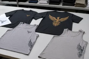 Home 41 This image shows a flat lay of blank gym shirts displaying a range of logo placement options including chest, back, and side panels. It visually represents how logo positions affect design and manufacturing complexity.
