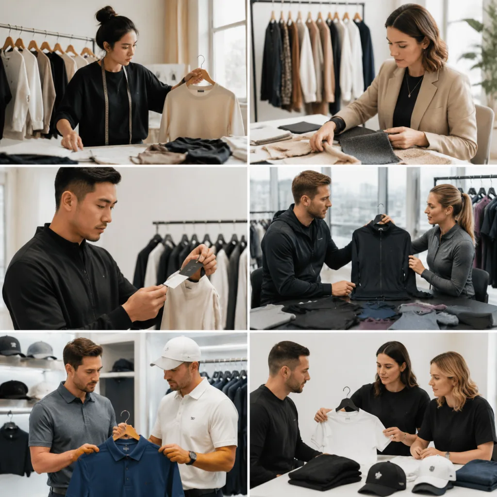 A premium six-panel collage showing different buyer types for low MOQ apparel manufacturing, including fashion founders, boutique owners, private label buyers, fitnesswear brands, golf or teamwear buyers, and promotional apparel buyers.