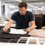 A realistic apparel development table showing practical low-MOQ branding elements such as labels, tags, and simple logo applications.