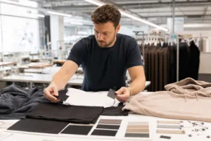 Home 42 A realistic apparel development table showing practical low-MOQ branding elements such as labels, tags, and simple logo applications.