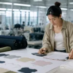 A manufacturing team reviews fabric rolls and yield calculations to determine whether a small clothing order can start at 10 pieces or needs a higher minimum.