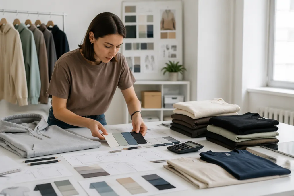 Premium editorial business photography of a fashion brand owner planning a low MOQ clothing launch, with sketches, samples, swatches, and neatly grouped production quantities in a bright studio setting.