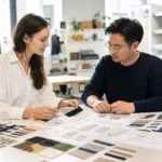 A realistic apparel development scene showing a buyer and factory team reviewing fabrics, quantity planning, and production details for small orders.