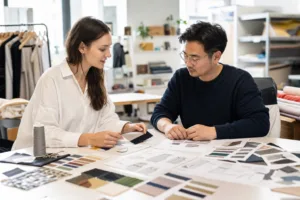 Home 42 A realistic apparel development scene showing a buyer and factory team reviewing fabrics, quantity planning, and production details for small orders.