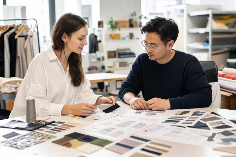 Import Clothing From China 7 A realistic apparel development scene showing a buyer and factory team reviewing fabrics, quantity planning, and production details for small orders.