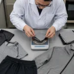 A textile lab technician measures the GSM of athletic fabrics used for gym clothing. Samples of tees, shorts, and hoodies are visible, highlighting the manufacturing context.