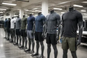 Home 41 A photo-realistic scene showing various men’s gym wear samples presented on mannequins in a factory, with visible detail in fabric and stitching for buyers.