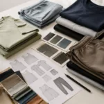 A sunlit workspace displays organic cotton gym apparel prototypes and fabric samples, representing the early stages of developing sustainable athletic clothing lines.