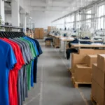 Shows a garment manufacturing factory producing performance tees in bulk, highlighting organization and quality control.