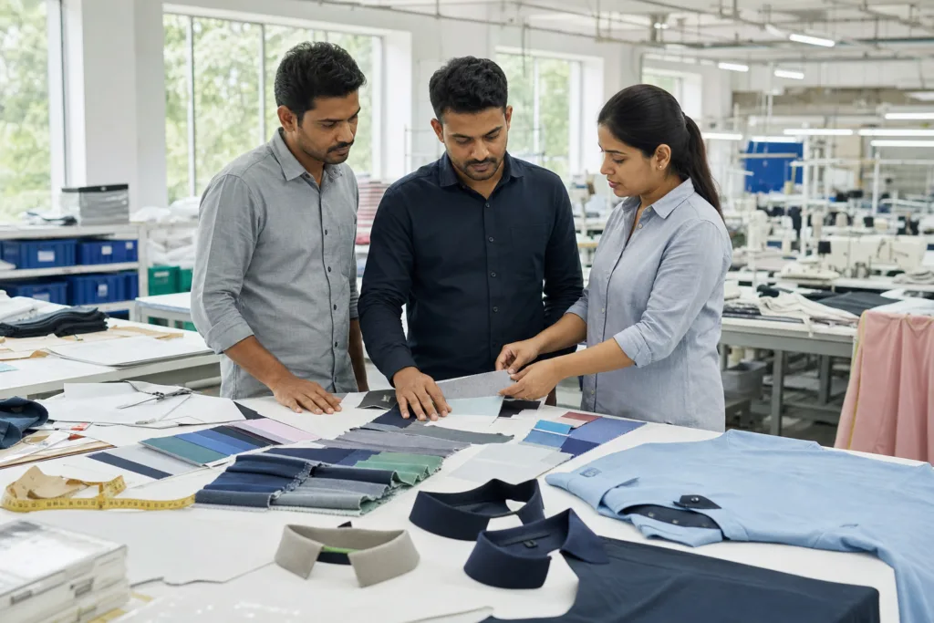 How to Choose a Polo Shirt Manufacturer for Custom Bulk Orders 1 A professional manufacturing team compares polo fabrics, collars, and specs before production planning.