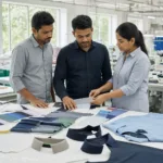 A professional manufacturing team compares polo fabrics, collars, and specs before production planning.