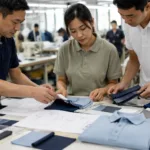 A professional apparel development team reviewing polo fabrics, trims, and sample specifications in a factory setting.