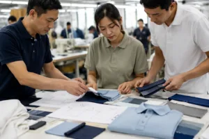 Home 41 A professional apparel development team reviewing polo fabrics, trims, and sample specifications in a factory setting.