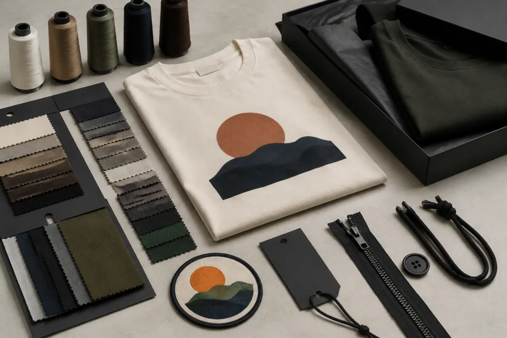 A high-end apparel development scene featuring fabric swatches, trims, labeling, packaging, and sample clothing elements in an organized manufacturer-style layout.