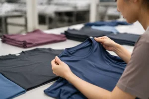 Home 41 Detailed factory inspection of gym T-shirts shows expert attention to fabric texture, stitching, and construction—core factors in private label product quality.