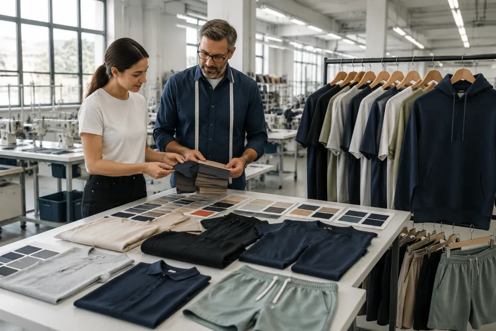 High-end commercial photography of a premium B2B apparel factory interior showing organized custom garments, fabric swatches, and a buyer meeting with a production manager in a bright, trustworthy small-batch manufacturing environment.