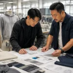 A buyer and factory technician organize fabric swatches, sketches, and product notes before starting apparel development.